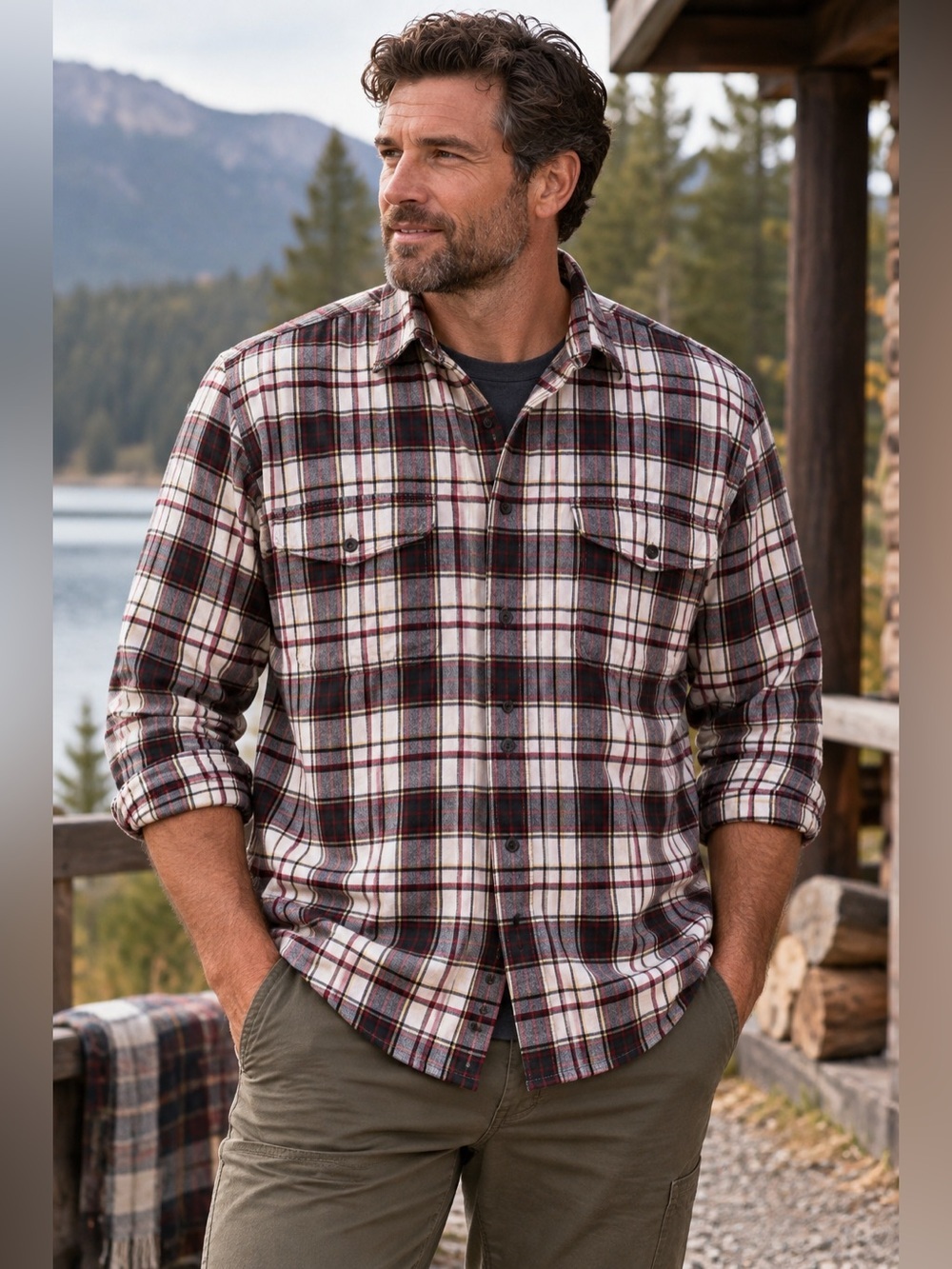 Eddie Bauer Mens Flannel Shirt XL Tall Red Ivory Plaid Button Up Cabincore Top